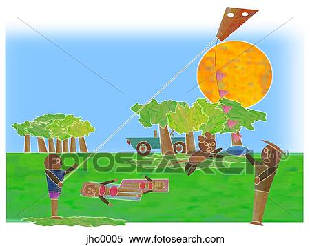 flying kites in the park View Large Illustration Stock Illustration - flying kites in the park. Fotosearch