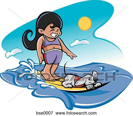Stock Illustration - girl surfing with dog. Fotosearch