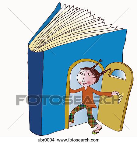 girl walking through the doorway of a book View Large Illustration Stock Illustration - girl walking through the doorway of a book. Fotosearch