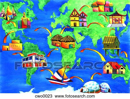 homes all over the world View Large Illustration Drawing - homes all over the world. Fotosearch