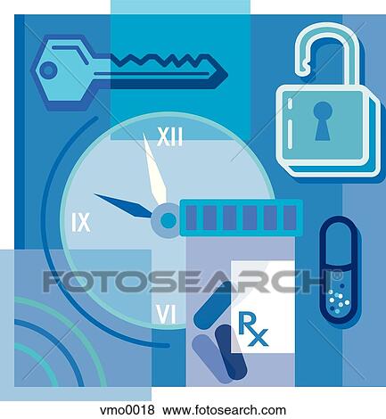 Stock Illustration - Lock and key, pills, clock. Fotosearch