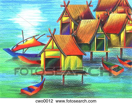 malaysian stilt houses View Large Illustration Drawing - malaysian stilt houses. Fotosearch