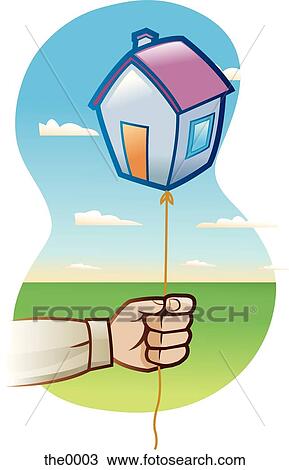 Drawing - man holding a balloon in the shape of a house. Fotosearch