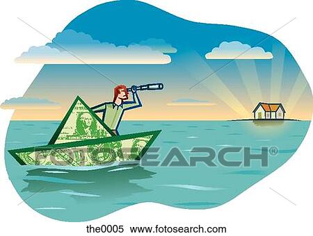 Stock Illustration - man in a boat made of money looking at a house in the distance. Fotosearch