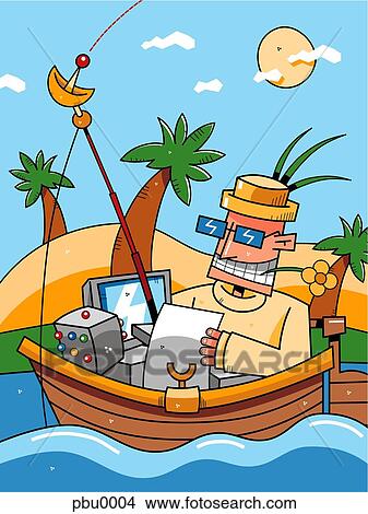 Stock Illustration - man on a boat doing work while on vacation. Fotosearch
