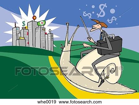 Stock Illustration - man on a snail travelling to the city. Fotosearch