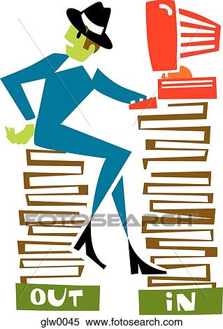 Stock Illustration - man sitting infront of the computer on a stack of books. Fotosearch