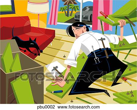 Drawing - man trying to assemble furniture. Fotosearch