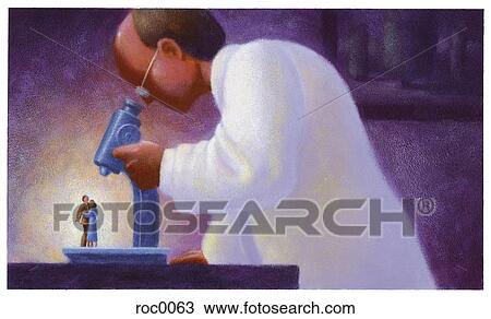 Drawing - medical researcher looking through microscope. Fotosearch