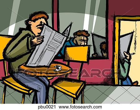 men reading a newspaper at a cafe View Large Illustration Clip Art - men reading a newspaper at a cafe. Fotosearch
