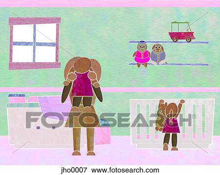 Stock Illustration - mother and children in baby's room. Fotosearch