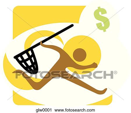 Clip Art - person running trying to catch money with a net. Fotosearch