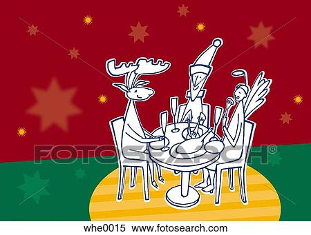 rudolph, santa, and angel having dinner View Large Illustration Stock Illustration - rudolph, santa, and angel having dinner. Fotosearch
