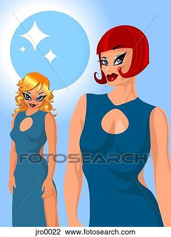 two women in dresses View Large Illustration Drawing - two women in dresses. Fotosearch