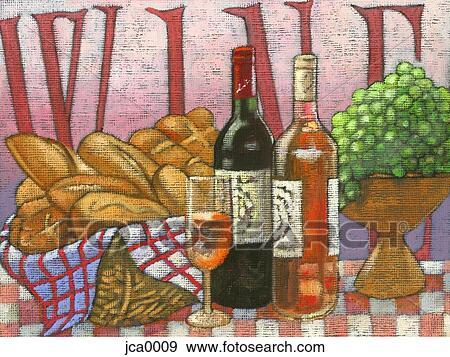wine, bread, and grapes View Large Illustration Stock Illustration - wine, bread, and grapes. Fotosearch