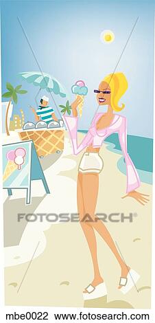Drawing - woman having ice cream on the beach. Fotosearch