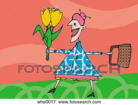 Stock Illustration - woman holding tulips. Fotosearch