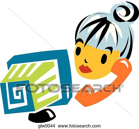 Stock Illustration - woman on the phone infront of her computer. Fotosearch