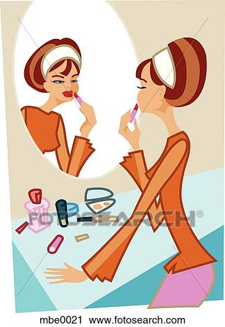 Clip Art - woman putting lipstick on infront of a mirror. Fotosearch