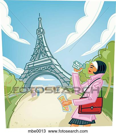 Drawing - woman recording the eiffel tower with her digital camera. Fotosearch