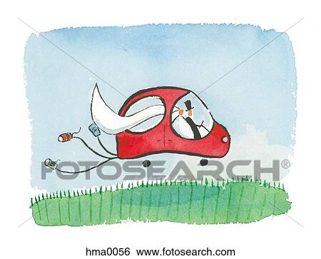 Stock Illustration - bride and groom in red car. Fotosearch