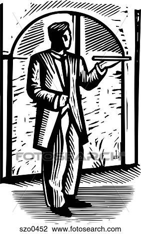 Drawing - butler with a tray b/w. Fotosearch
