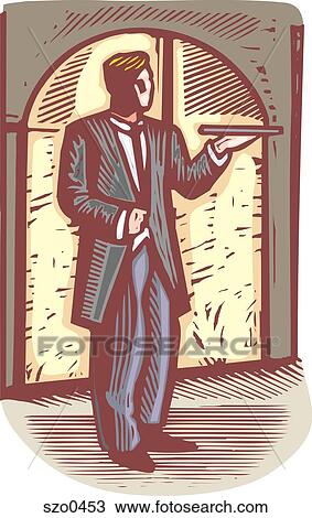Drawing - butler with a tray. Fotosearch