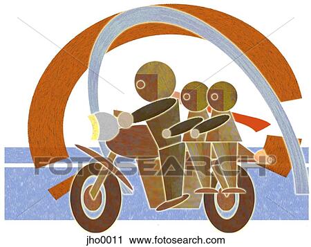 dad with two kids on motorbike View Large Illustration Clip Art - dad with two kids on motorbike. Fotosearch