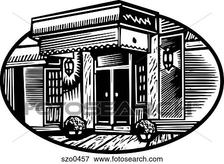 Stock Illustration - front of a hotel b/w. Fotosearch