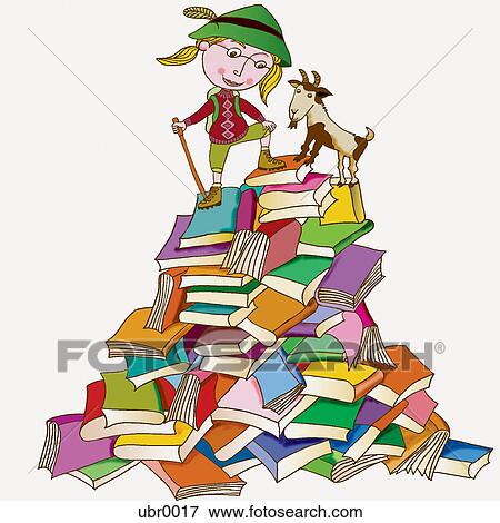 Stock Illustration - girl on a mountain of books. Fotosearch