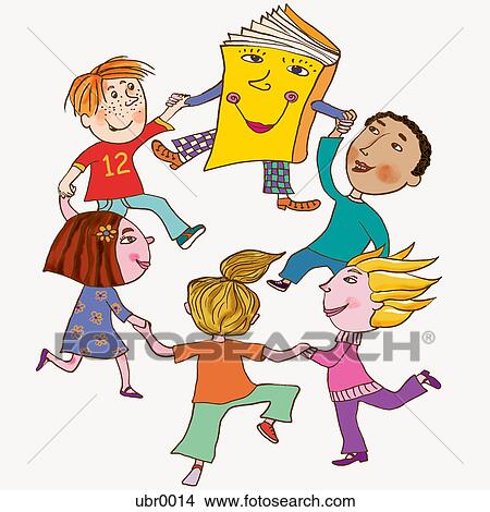 kids dancing with a book View Large Illustration Stock Illustration - kids dancing with a book. Fotosearch
