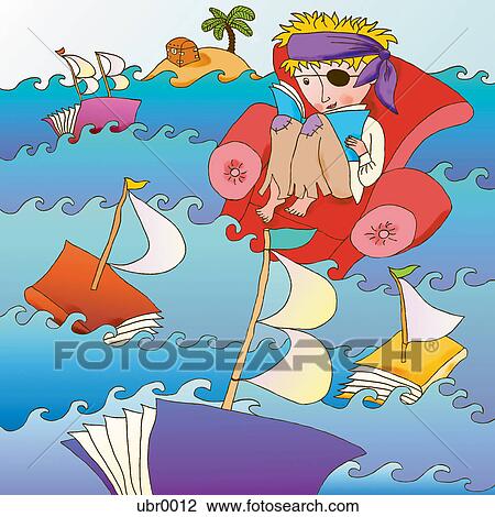 Drawing - little boy dressed as a pirate and reading. Fotosearch