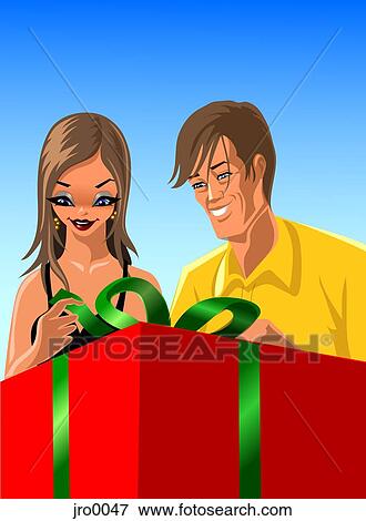 Stock Illustration - man and woman opening present. Fotosearch