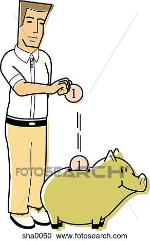 Clipart - man dropping coins into a piggy bank. Fotosearch