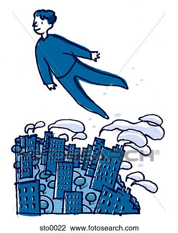 Drawing - man flying over city. Fotosearch