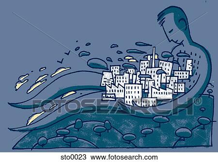 Drawing - man hugging city. Fotosearch