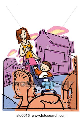 Stock Illustration - mother with son in stroller. Fotosearch
