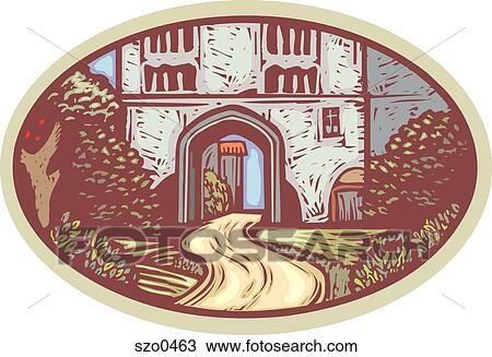 Drawing - path leading through an archway. Fotosearch