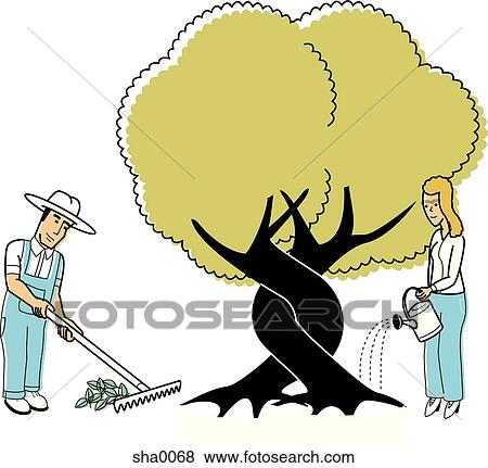 Stock Illustration - people tending entwined trees. Fotosearch