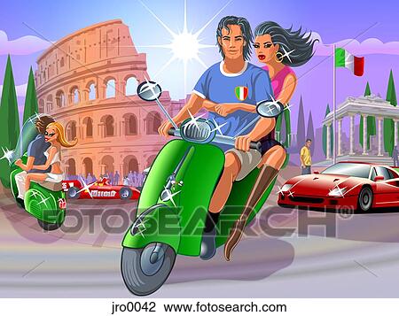 Drawing - riding a moped in italy. Fotosearch