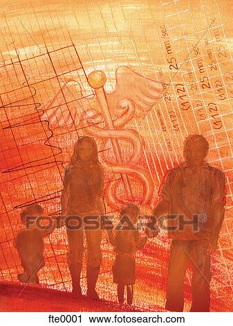 Clip Art - silhouette of a family with a caduceus in the background. Fotosearch
