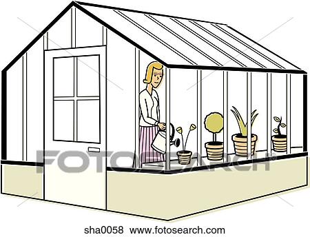 Stock Illustration - watering plants in the greenhouse. Fotosearch
