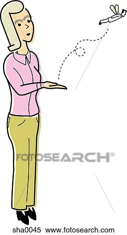 Stock Illustration - woman letting go of a flying businessman. Fotosearch