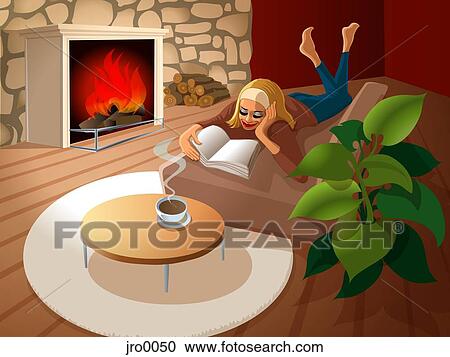 Clipart - woman reading a book near the fireplace. Fotosearch