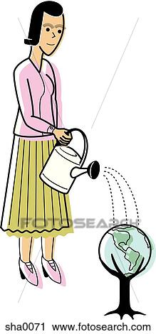Clip Art - woman watering a tree globe. Fotosearch