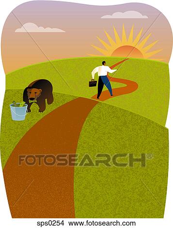 Stock Illustration - A bear eating money and a businessman walking on a path. Fotosearch