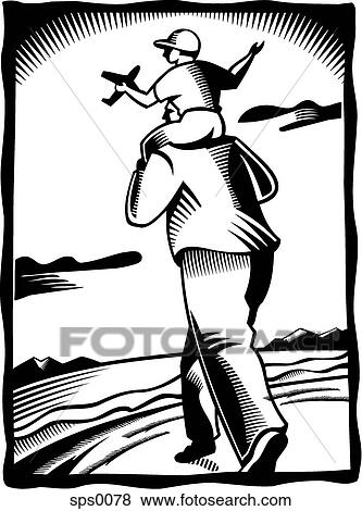 Stock Illustration - A black and white drawing of a boy sitting on his father's shoulders. Fotosearch