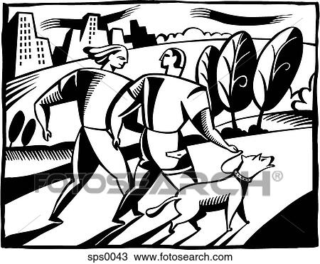 A black and white drawing of a couple walking through a park with a dog View Large Illustration Drawing - A black and white drawing of a couple walking through a park with a dog. Fotosearch