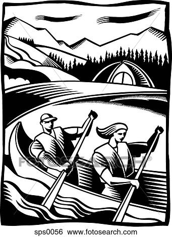 A black and white drawing of a couple canoeing in a river View Large Illustration Stock Illustration - A black and white drawing of a couple canoeing in a river. Fotosearch