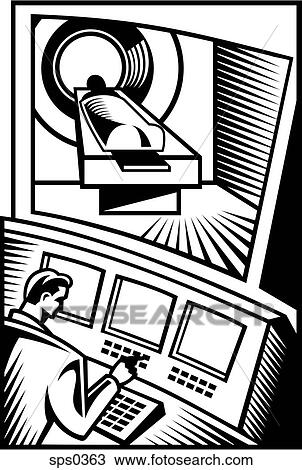 A black and white drawing of a doctor giving a patient a CT scan View Large Illustration Drawing - A black and white drawing of a doctor giving a patient a CT scan. Fotosearch